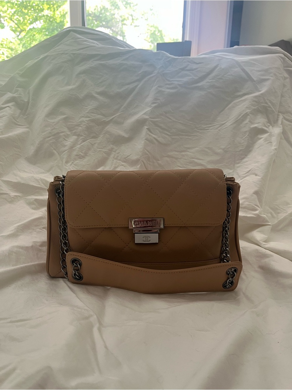 CHANEL Quilted Camel Shoulder Bag with Chain Strap